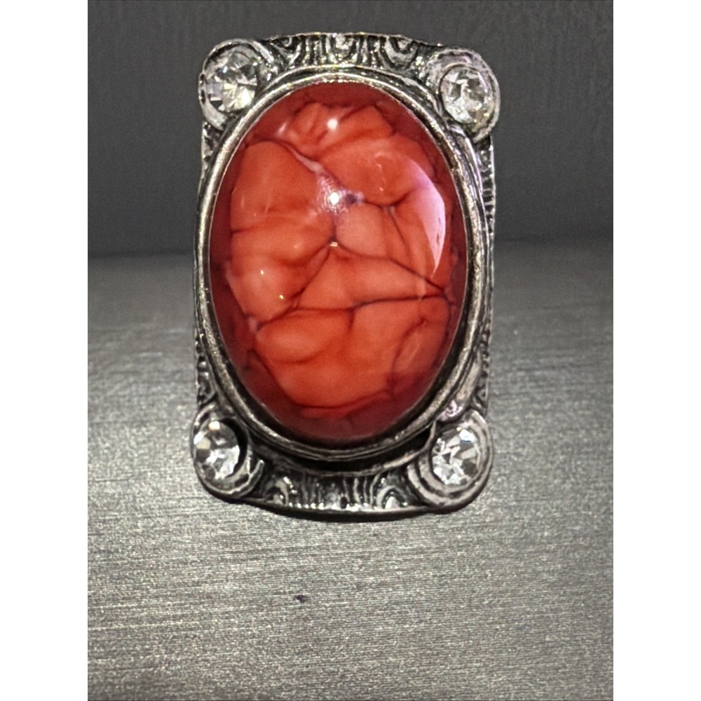 Red Acrylic Cabochon Rhinestone Silver Tone Adjustable Statement Ring